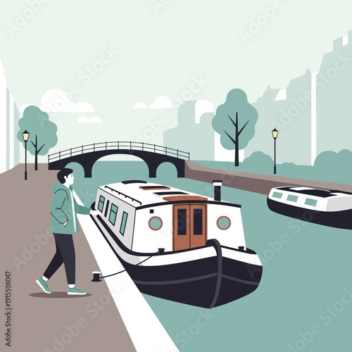 Tranquil Canal Scene With Narrowboat And Pedestrian Serene Urban Waterfront Journey
