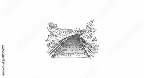 An old railway line curves towards a city skyline with trees