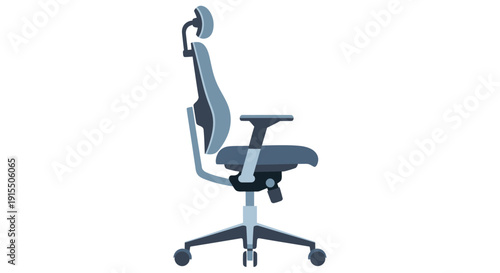 A modern grey ergonomic office chair with an adjustable headrest armrests and a mesh back shown in a side profile view.