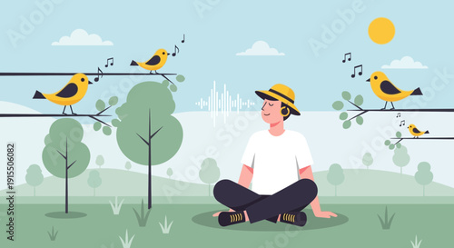 Tranquil Nature Soundscape A Person Meditating Enjoying Birdsong Amidst Serene Outdoors