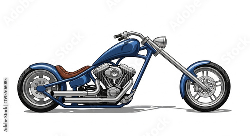 Custom Blue Chopper Motorcycle Side View.