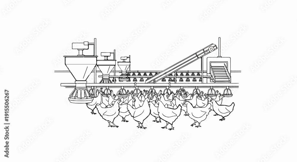 Fototapeta premium Automated poultry farm with feed dispensers and numerous chickens