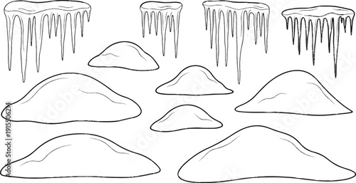 An outline illustration of hanging icicles and snow drifts