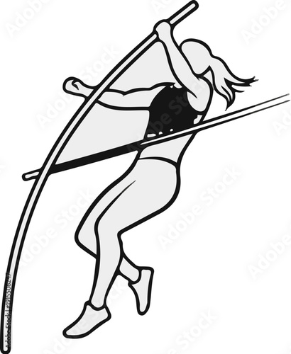 Athletic woman pole vaulting, clearing a horizontal bar in mid-air
