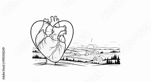 Anatomical heart in outline within a landscape at sunrise