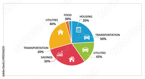 A colorful financial pie chart infographic illustrating a personal budget with various expense categories and icons.