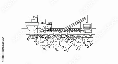 Automated poultry farm with feed dispensers and numerous chickens