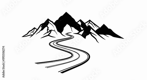 Black and white illustration of a winding road leading through jagged mountains