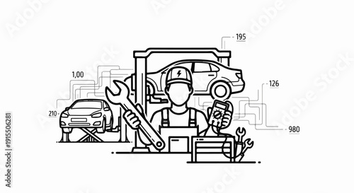 Auto mechanic works on a car with diagnostic tools and equipment