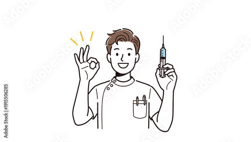 Friendly male healthcare worker in a white uniform giving an OK sign and holding a hypodermic needle syringe for vaccination concepts.