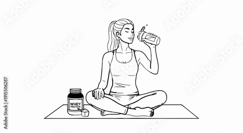Athletic woman drinks protein shake while sitting cross-legged on a mat