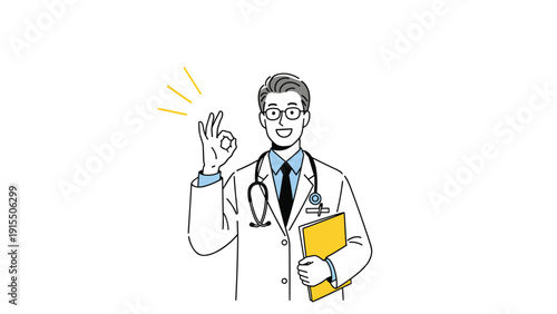 Confident male doctor wearing a white coat and stethoscope giving an OK hand gesture while holding a yellow document folder.
