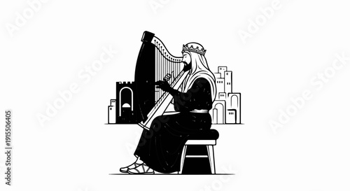 Ancient figure in regal attire plays a harp amidst stylized ancient city buildings
