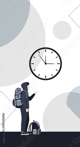 Traveler Anticipating Journey Awaiting Departure Underneath A Clock Face