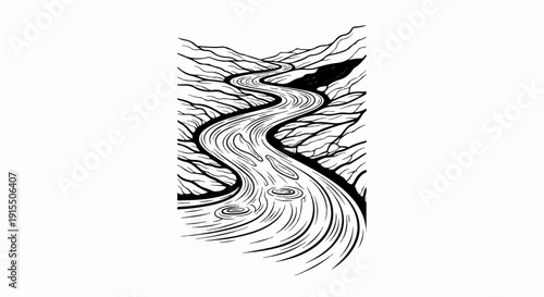Black and white illustration of a winding river flowing through a rocky, treeless landscape