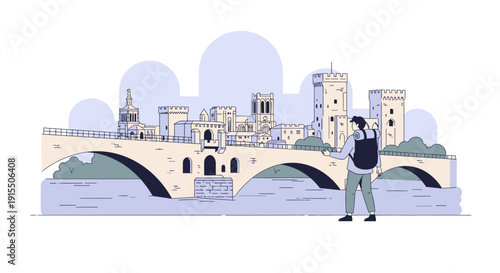 Traveler Admiring Historic Bridge And European Cityscape In Minimalist Art Style