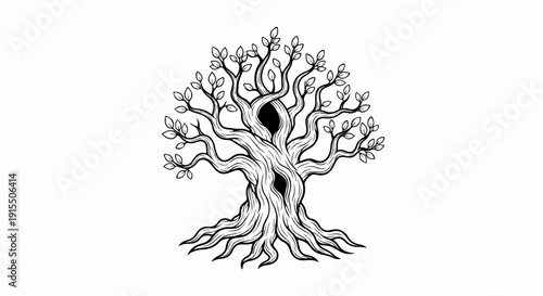 Ancient, gnarled tree with twisting branches and dark openings