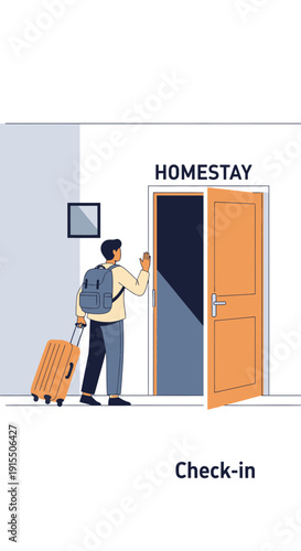 Traveler Arrives At Homestay Entrance For Check-In Experience