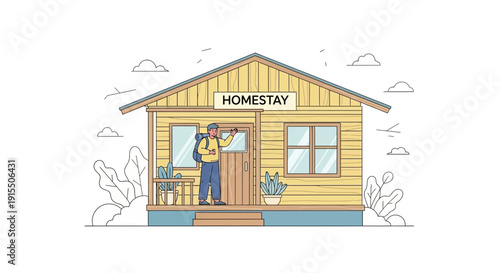 Traveler Arrives At Charming Homestay Accommodation