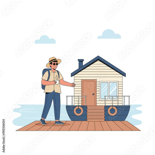 Traveler Arrives At Charming Floating Home By Lake Ready For Vacation Adventure