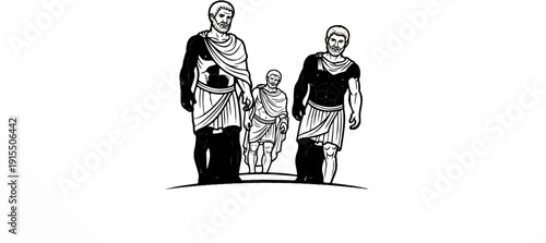 Ancient men in robes stand on a curved line against a white background