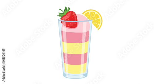 Layered Strawberry Lemonade Drink with Strawberry and Lemon Slice Garnish.