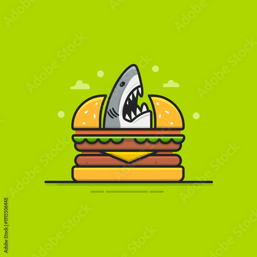 Funny cartoon shark jumping out of a delicious double cheeseburger with lettuce, tomato, and cheese on a vibrant green background.