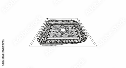 Ancient mosaic art depicts a mythical creature and geometric patterns, presented as an artifact