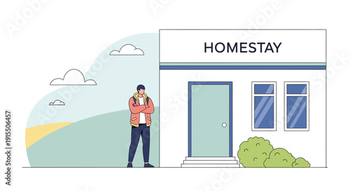 Traveler Arriving At Homestay Accommodation On A Scenic Hillside