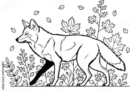 Black and white sketch of a fox walking through autumnal foliage and falling leaves
