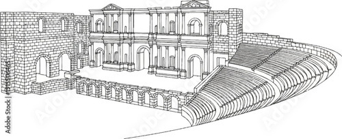 Ancient Roman theater with tiered seating and classical architectural facade