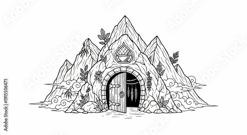 Ancient mountain cave entrance with a mortar and pestle symbol above door