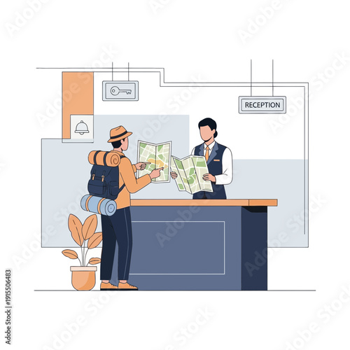 Traveler At Hotel Reception Desk Asking For Directions And Information