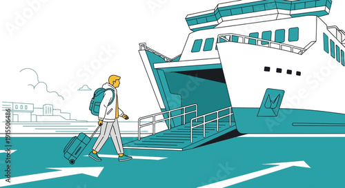 Traveler Boarding Large Ferry Vessel Awaiting Departure to New Destinations