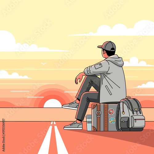 Traveler Awaiting Journey At Sunset Peaceful Scenic View Waiting For Adventure