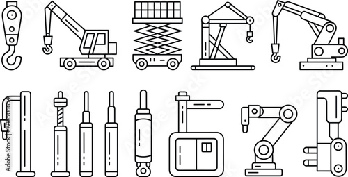 Industrial lifting equipment line icons set with crane hook, mobile crane, scissor lift, robotic arm, hydraulic jack and hoist tools isolated on white background.