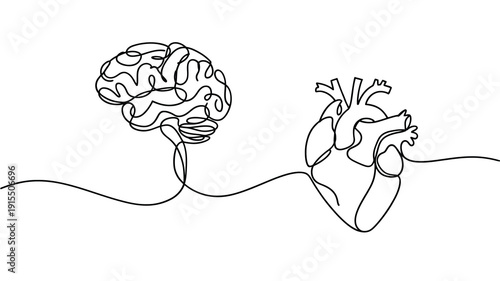 Minimalist line art depicting a human brain and heart connected by a single line