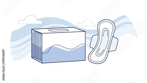 Informative illustration of a sanitary pad next to its storage box set against a flowing blue and white wavy background.