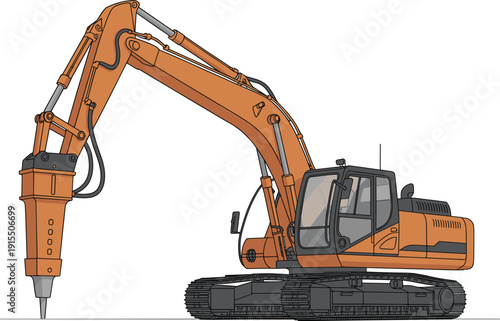 Orange hydraulic excavator with breaker hammer attachment for demolition and rock breaking, heavy construction machinery illustration isolated on white background for industrial projects.