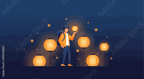 Traveler Holding Lantern Amidst Glowing Orbs Of Light In The Night Sky