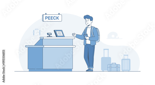 Traveler Interacting With Airport Counter Ready For Journey With Luggage Nearby
