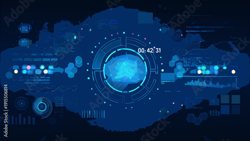 Futuristic blue interface with complex digital elements and a central star