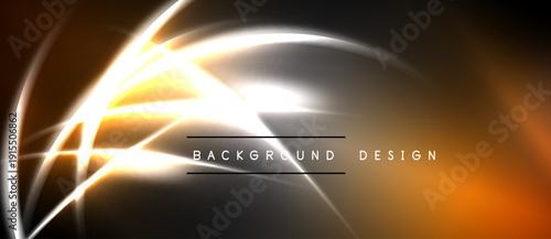 Abstract design features glowing curves, bright orange hues, dark background. Modern aesthetic, dynamic lines create visual interest.