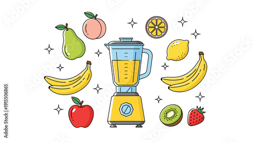 Kitchen blender surrounded by a variety of healthy fresh fruits like bananas, apples, pears, peaches, and berries on a white background.
