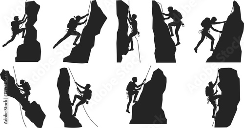 Silhouette set of rock climbers climbing steep cliffs with rope and safety gear, extreme sport adventure, mountaineering challenge, outdoor activity, teamwork and survival concept.
