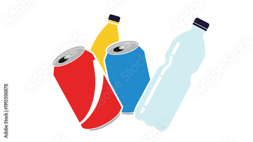 Colorful vector illustration of various beverage containers including red and blue soda cans alongside yellow and clear plastic water bottles.