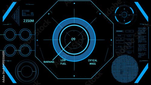 Futuristic interface with a central targeting system and data displays