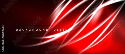 Abstract red design features flowing white lines. Dramatic contrast creates dynamic visual impact. Background suggests energy, motion.