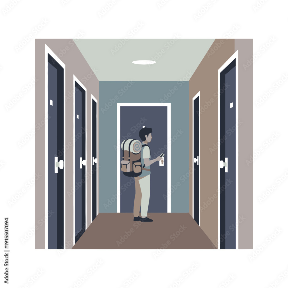 Fototapeta premium Traveler With Backpack And Key Standing In Hotel Corridor With Doors