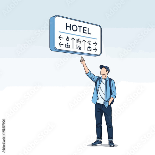 Traveler Seeking Accommodation Information Beneath Hotel Signage